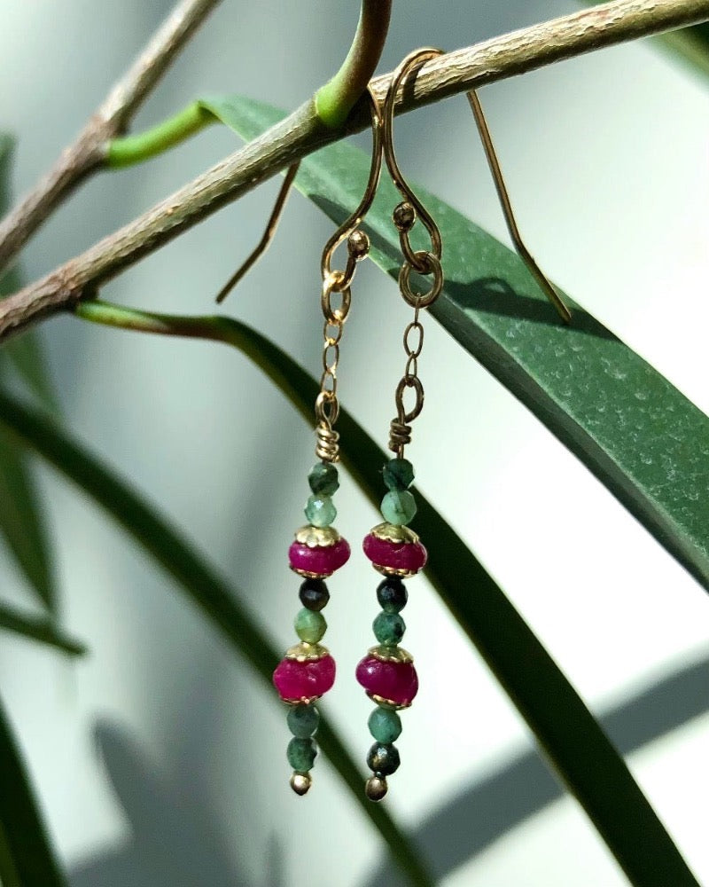 ANYA Emerald and Ruby Gold Earrings - Jitterbug Jewellery
