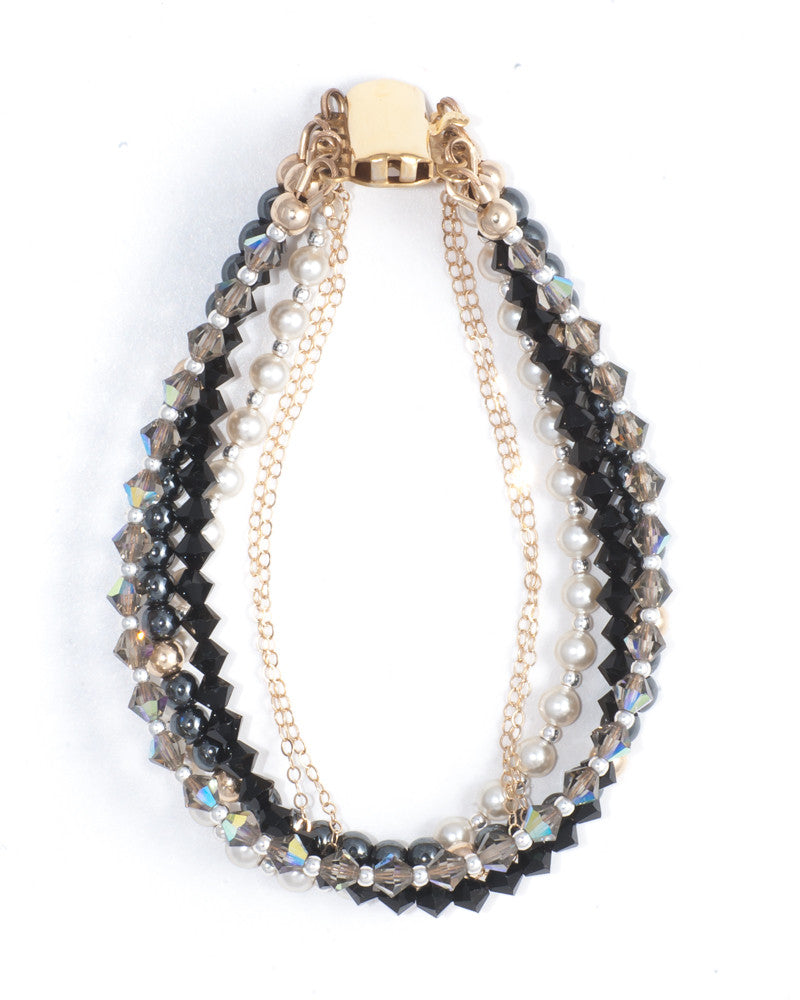 ATLAS - limited edition multi strand bracelet with vintage crystals, Swarovski pearls & semi precious stones with 14ct gold plated brass clasp