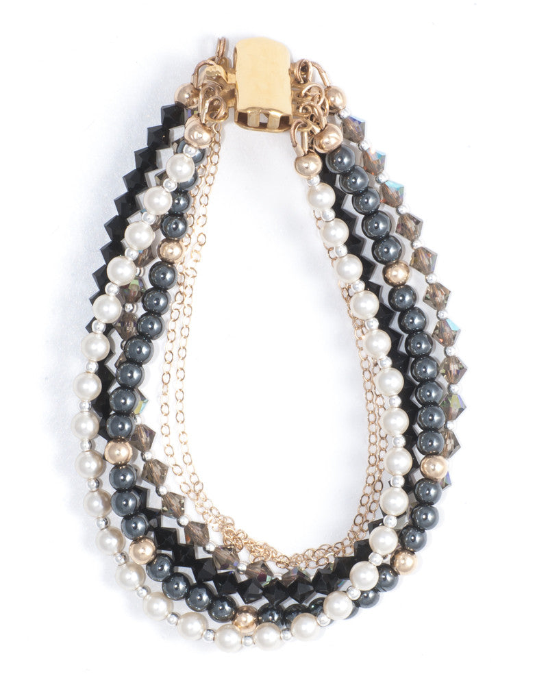 ATLAS - limited edition multi strand bracelet with vintage crystals, Swarovski pearls & semi precious stones with 14ct gold plated brass clasp