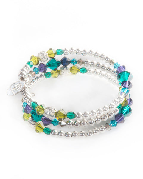 KO LANTA Multi strand bracelet with Swarovski crystals, 925 sterling silver balls & silver tone metal beads