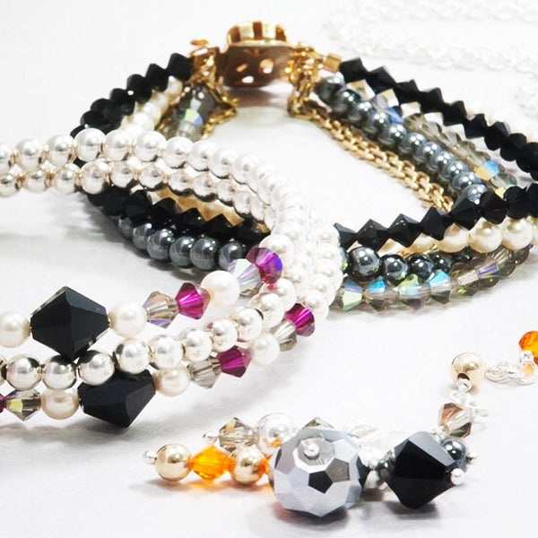 UDAIPUR Multi strand bracelet with Swarovski crystals & pearls, semi precious stones, 925 sterling silver balls, 