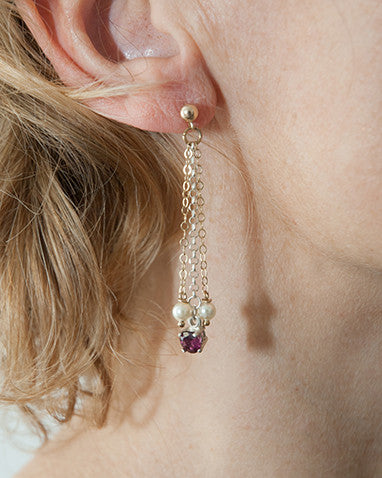 THAR Multi-strand Rhodolite gemstone drop earrings in 9ct gold and sterling silver